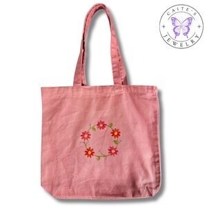Handmade Embroidered Floral Pink Tote Bag